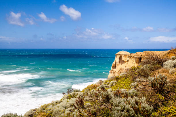 el mar azul bajo el cielo azul y el mirador de roca naranja en la costa tupida sobre el océano. dirección opuesta de doce apóstoles, australia. - 2781 fotografías e imágenes de stock