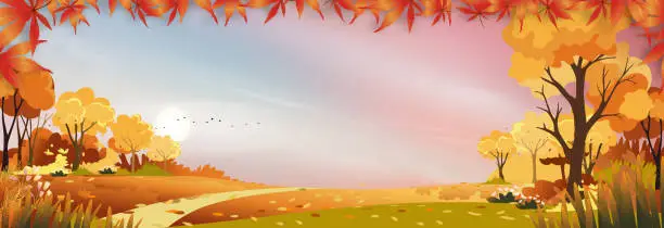Vector illustration of Autumn landscap of farm field with pink and blue sky,Wonderland of Mid Autumn in countryside with filds, clouds sky and Sun in Orange foliage,Vector banner for fall season or Thank giving card