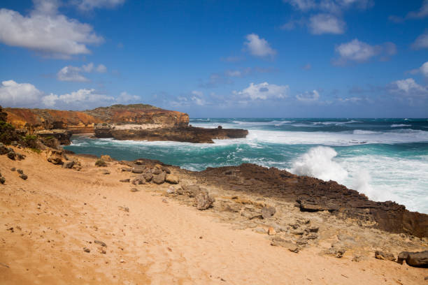 istock Foamy white ocean waves break down the rocky shore. Australian Beach with surf. Powerful pacific surf breaks down on the shore. 1327673638
