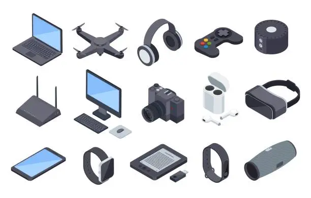 Vector illustration of Isometric gadgets. Electronic wireless technology devices. Drone, headphones, smartwatch, vr headset, router. 3d technological device vector set