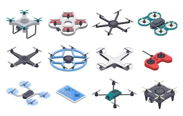 Vector illustration of Isometric drone. Unmanned aircraft with propellers, aerial remote transporters. Flying delivery drones with camera, controllers vector set