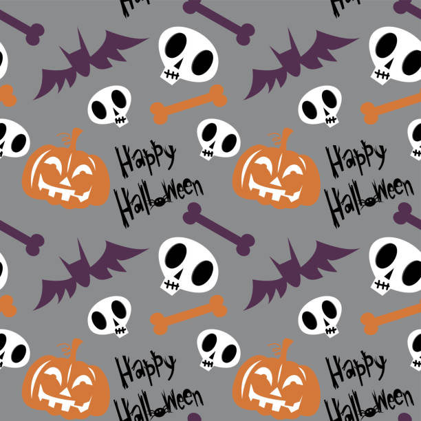 ilustraciones, imágenes clip art, dibujos animados e iconos de stock de vector halloween patrón sin costuras con calabazas, calavera, murciélago para telas, papel, textil, envoltura de regalo aislada sobre fondo gris en estilo de dibujos animados - animal skeleton illustrations