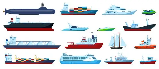 Vector illustration of Flat sea boats. Cruise, cargo ship, yacht, sailboat, tugboat, motorboat, submarine, fishing boat. Ocean travel transportation vector set