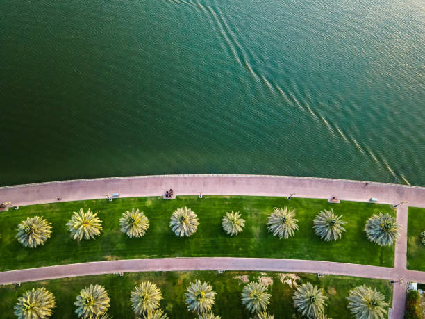 Sharjah oasis with large area with palm trees and grass field by the Al Noor island aerial in the UAE top view Sharjah oasis with a large public park area with palm trees and grass field by the Al Noor island at Sharjah Emirate of the United Arab Emirates aerial top view dubai island stock pictures, royalty-free photos & images