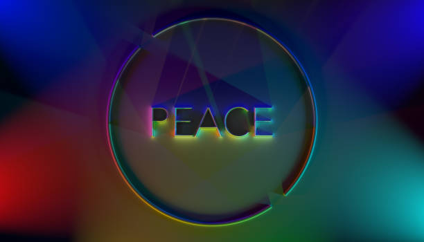 Dramatically lit 3D rendering of PEACE title with refracting light effects and long shadows.