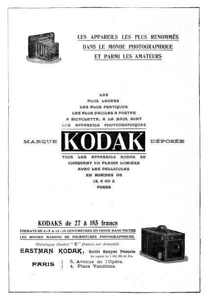 Ad for KODAK camera in french magazine 1889 Illustration from 19th century. camera engraving old retro revival stock illustrations