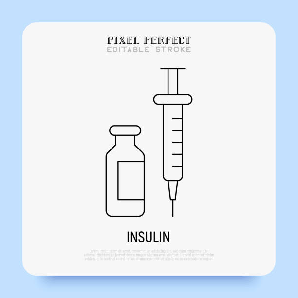 ilustrações de stock, clip art, desenhos animados e ícones de insulin: ampoule and syringe. thin line icon. medical treatment for diabetes. pixel perfect, editable stroke. vector illustration. - syringe vaccination vial insulin