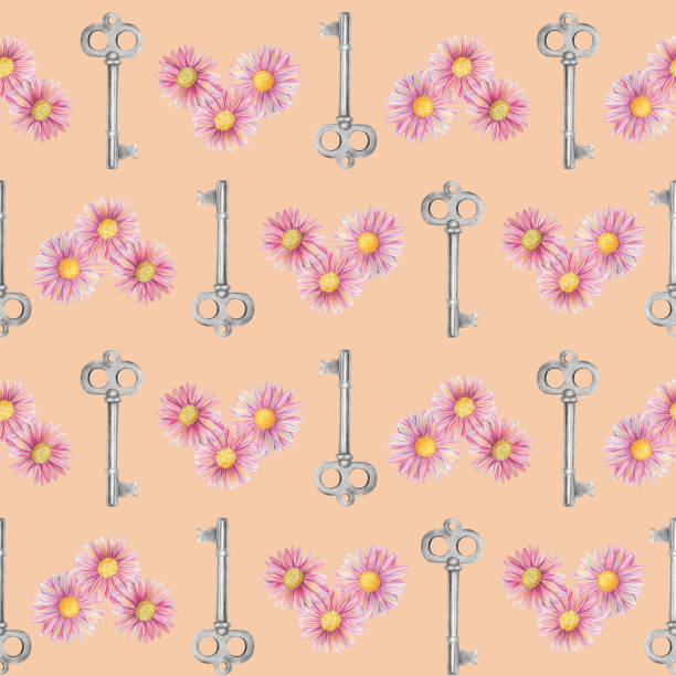 bezszwowy kwiat akwareli i wzór klucza vintage, ręcznie rysowane kolorowe ołówki kwiatowa ilustracja - key pattern stock illustrations