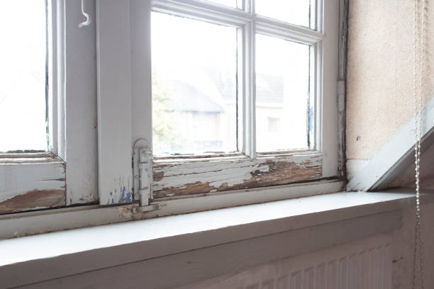 Old wooden window frames with rotting wood and cracked peeling paint, house needs renovation and new frames stock photo
