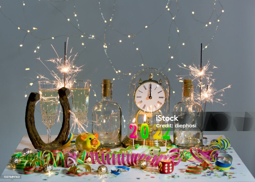 New Year's Eve Party 2021-2022 festive table decoration for a New Year's Eve party 2022 New Year's Eve Stock Photo