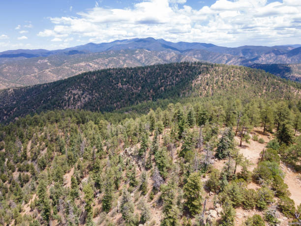 Aerial View of Atalaya Mountain in the Santa Fe National Forest Aerial view of Atalaya Mountain in the Santa Fe National Forest near Santa Fe, New Mexico in the summer. los alamos new mexico stock pictures, royalty-free photos & images