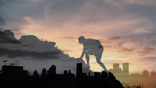 istock Man climbing steep mountain. Achievement, success, confidence. 1327688241