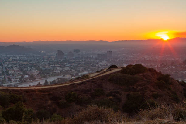istock Hiking trail over the 134 freeway with Glendale and sunset 1327690110