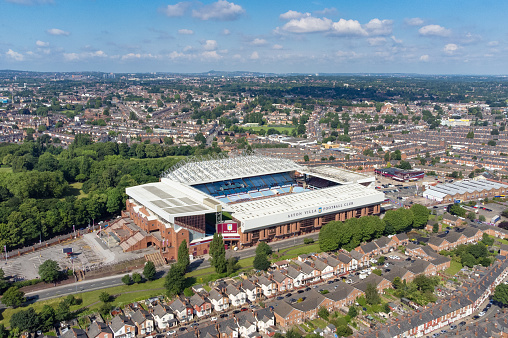Birmingham, England - 08 July 2021: Aerial view of Villa Park stadium, home of Aston Villa Football Club. Villa Park is a 42,000 seat stadium.
