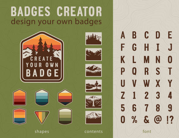 Hiking Badge Creator. Vintage patches elements and styled font. Hiking Badge Creator. Vintage patches elements and styled font. Design your own badges. adventure designs stock illustrations