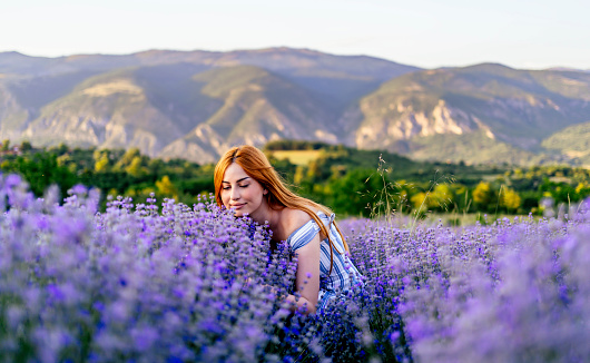 Beautiful young woman smelling lavender on the field