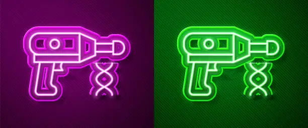 Vector illustration of Glowing neon line Transfer liquid gun in biological laborator icon isolated on purple and green background. Vector