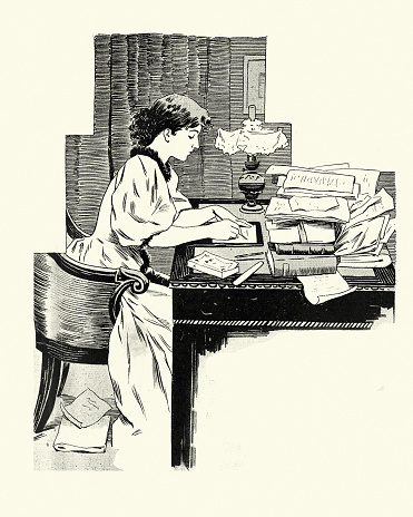 Vintage illustration of Young Woman sat at desk writing a letter, Victorian, French, 1890s, 19th Century
