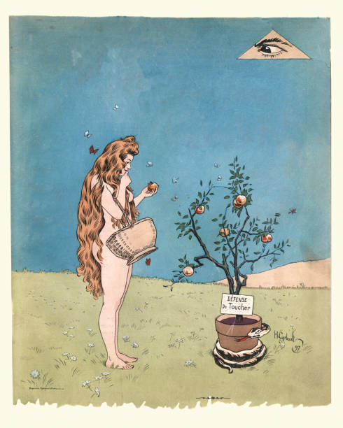 Eve taking an apple from the tree, watch by the eye of God Vintage illustration of Eve taking an apple from the tree, watch by the eye of God. Henry Gerbault, 19th Century Victorian French humorous illustration, 1890s adam and eve painting stock illustrations