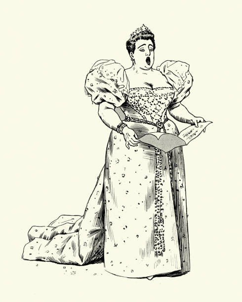 illustrations, cliparts, dessins animés et icônes de chanteuse d’opéra, chantant fort à partir d’une partition de musique, victorienne, 19ème siècle - history women victorian style one person