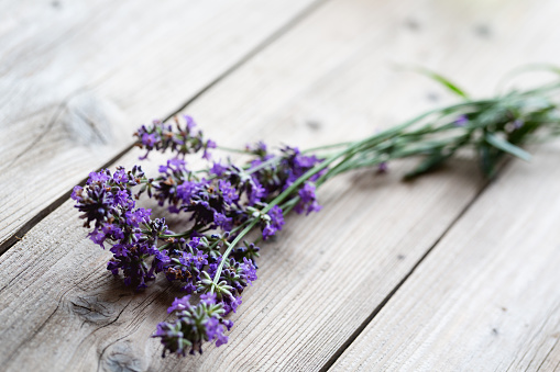 Aromatherapy: bunch of lavender flowers on wooden backgrounsd