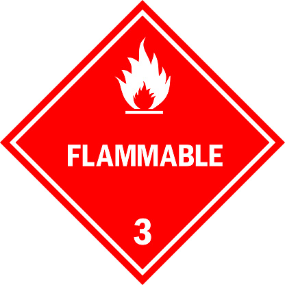 Flammable caution sign. Dangerous goods placards class 3. White on red background. Chemical safety signs and symbols.