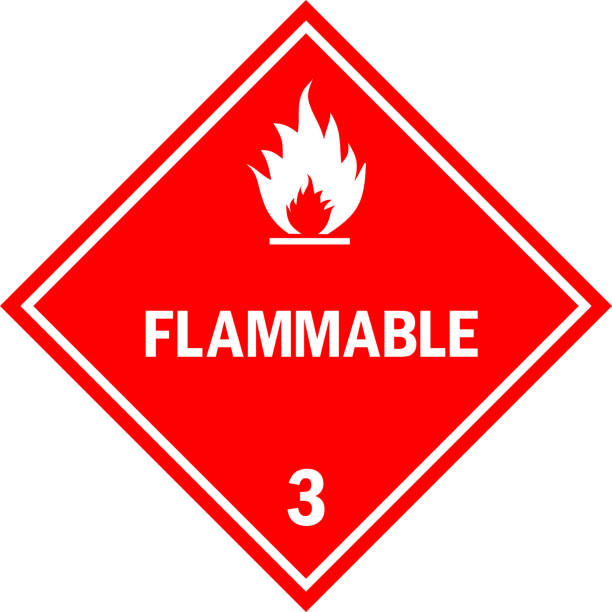 Flammable caution sign. Flammable caution sign. Dangerous goods placards class 3. White on red background. Chemical safety signs and symbols. hazard sign stock illustrations