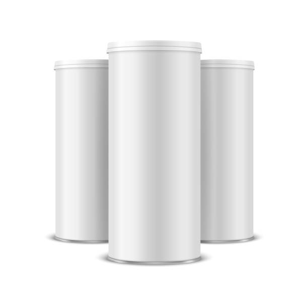 istock Three Vector 3d Realistic Blank White, Black Metal Tin Can with Lid, Canned Food, Potato Chips Packaging Set Isolated On White Background. Small Size. Design Template, Mockup. Front View 1327699451