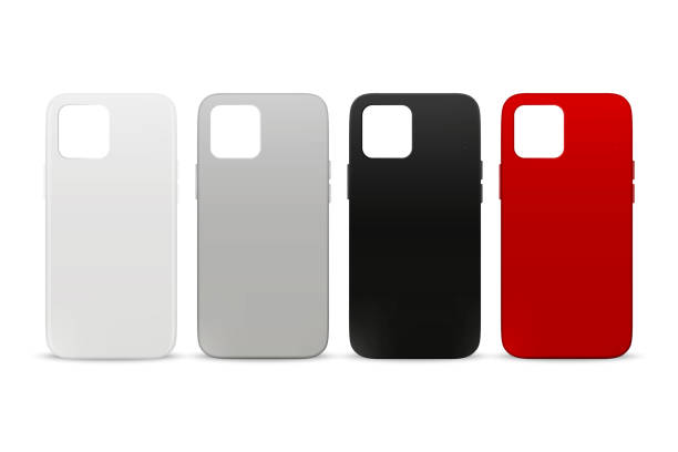 wektor 3d realistyczny biały, szary, czarny, czerwony pusty szablon projektu obudowy telefonu. tylna okładka zestawu smartfonów izolowana na białym tle. makieta. widok z przodu - silicone stock illustrations
