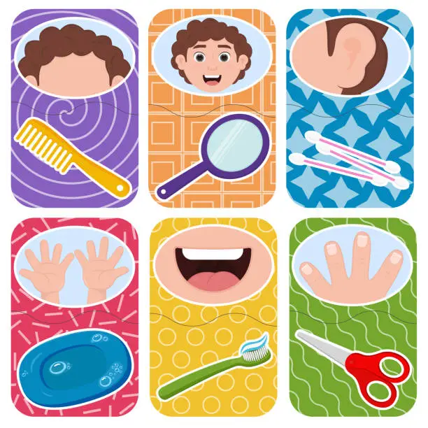Vector illustration of Children play on associations. Hygiene cartoon cards.