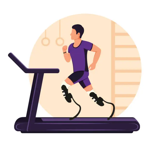 Vector illustration of A boy with prosthetic legs runs on a treadmill. A disabled man is running. Rehabilitation for Physically Disabled.