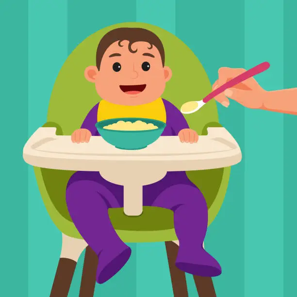 Vector illustration of The baby sits on the feeding chair and eats happily. Hand with a spoon. Vector illustration.