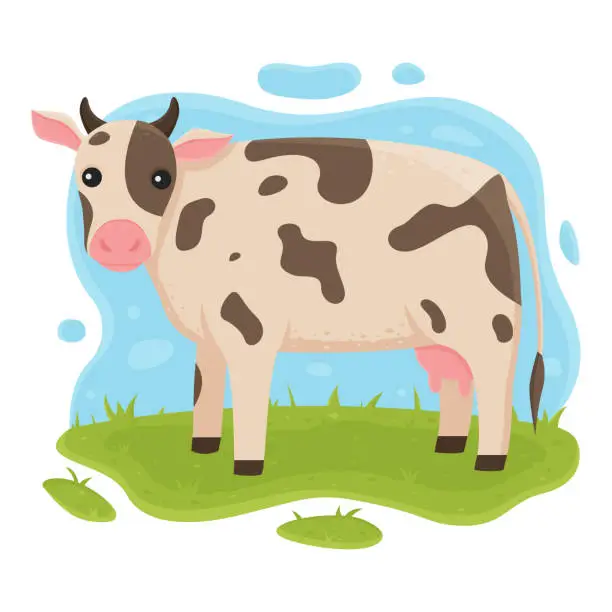 Vector illustration of The cow is standing in the meadow. The cow grazes on the grass. Vector illustration of farm domestic cattle.