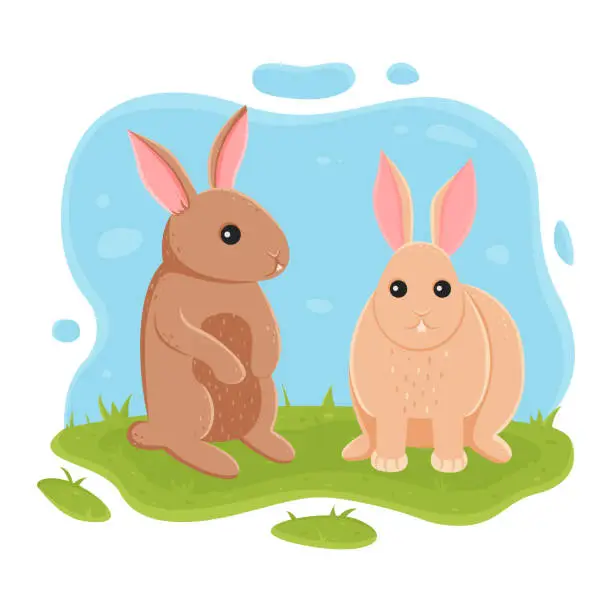 Vector illustration of Rabbits are sitting on the grass. Illustration for children. Farm pet vector illustration in cartoon simple flat style.