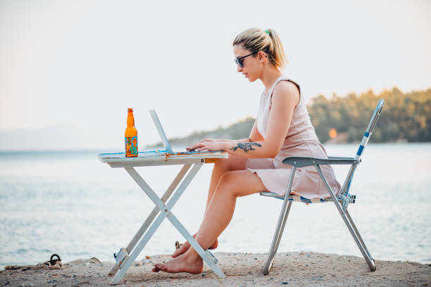 istock Freelance Woman Working With Laptop on the Beach 1327707632