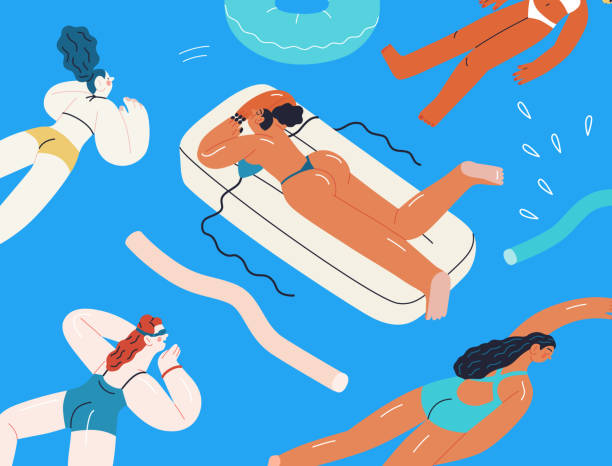ilustrações de stock, clip art, desenhos animados e ícones de beach resort activities, modern flat vector illustration - inflatable ring water wings swimming pool float
