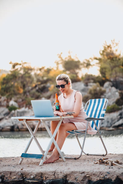 istock Freelance Woman Working With Laptop on the Beach 1327708588