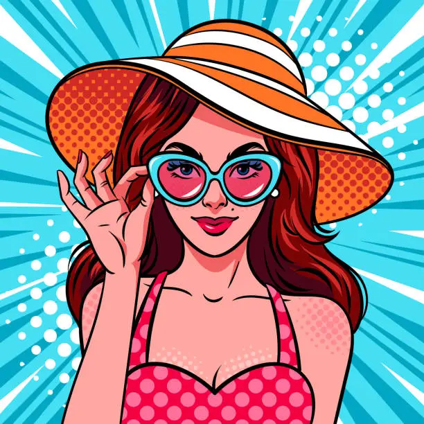 Vector illustration of Woman in sunglasses and sun hat. Comic style, pop art vector illustration.