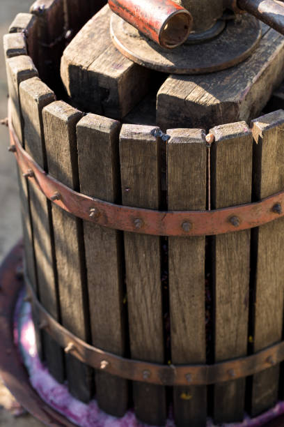 istock Winepress with red must and helical screw. Winemaker's hands close up. 1327709072