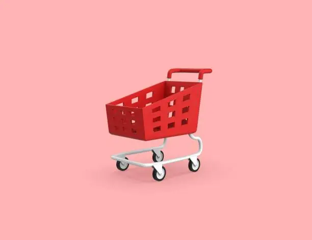 Red Empty shopping cart on wheels 3D render model isolated red background.
