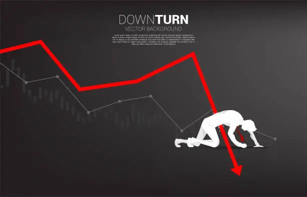 Vector illustration of silhouette of businessman falling down from downturn graph.