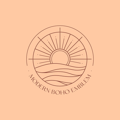 Vector linear boho emblem. Bohemian logo design with sea, sun and sunburst.Modern celestial icon or symbol in trendy minimalist style.Branding design template.