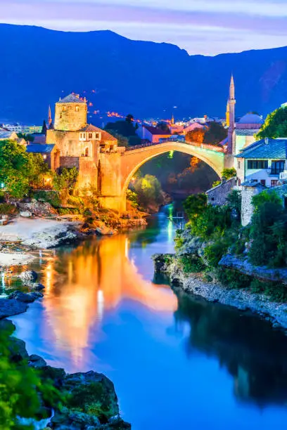 Mostar, Bosnia and Herzegovina. Ottoman bridge Stari Most and, Balkans travel scenic.