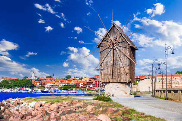 Nesebar, Bulgaria - Ancient Mesembria, Black Sea coastline Nesebar, Bulgaria. Old windmill  in the ancient town of Nessebar. One of the major seaside cities on the Bulgarian Black Sea Coast bulgaria stock pictures, royalty-free photos & images
