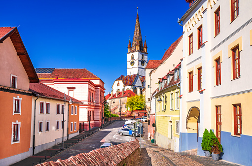 Sibiu, Romania. Historical downtown of medieval Saxon city in famous Transylvania, travel site in Eastern Europe.