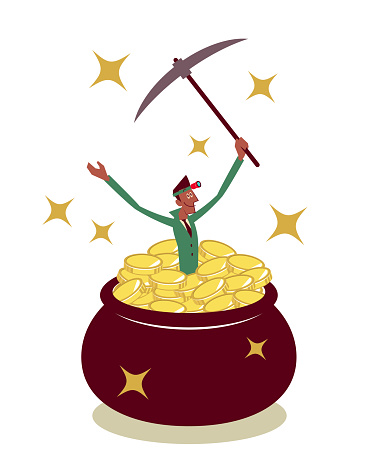 Businessman Characters Vector Art Illustration.
Happy businessman (miner) jumping into a pot (jug) full of money and holding a pickaxe (cryptocurrency mining).