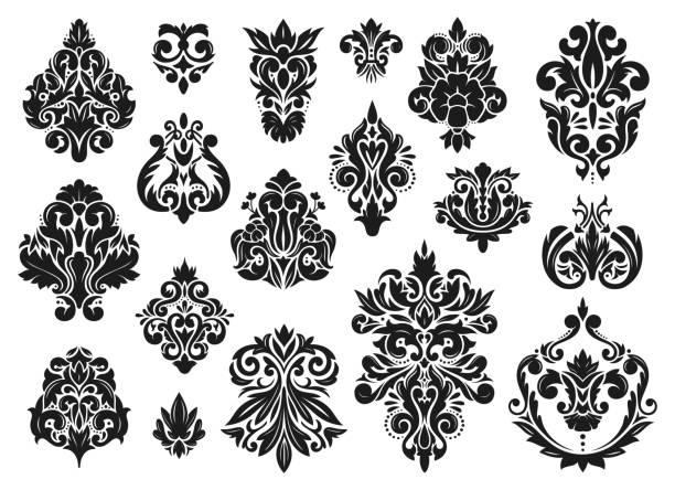 Damask ornaments. Vintage baroque style ornament with floral elements. Classic filigree decorations, old fashioned victorian decor vector set Damask ornaments. Vintage baroque style ornament with floral elements. Classic filigree decorations, old fashioned victorian decor vector set. Antique foliage swirl and curl elements damask stock illustrations