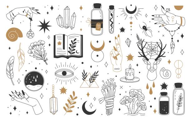 Mystic and esoteric elements. Moon, witch hands, crystals, potions, flowers. Mystical astrology, magic, witchcraft, occult symbols vector set Mystic and esoteric elements. Moon, witch hands, crystals, potions, flowers. Mystical astrology, magic, witchcraft, occult symbols vector set. Bottles with poison, talisman and feathers spider on flower stock illustrations