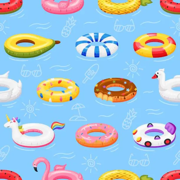 Vector illustration of Swimming ring seamless pattern. Colorful inflatable pool toys floating on water. Flamingo, unicorn, donut swim rings vector illustration