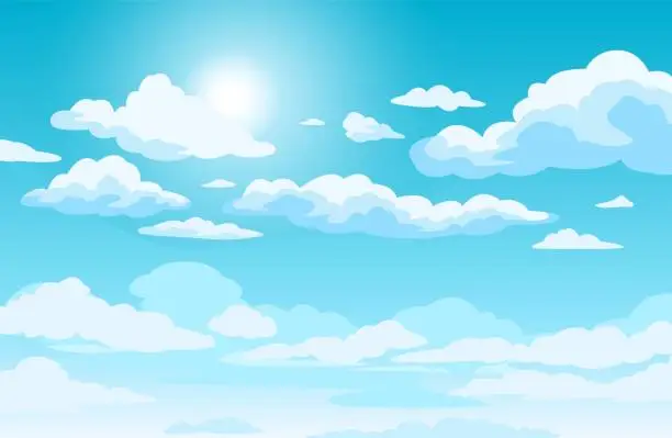 Vector illustration of Blue sky with clouds. Anime style background with shining sun and white fluffy clouds. Sunny day sky scene cartoon vector illustration